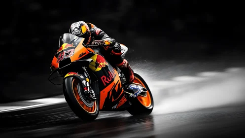 Racing superbike cuts through wet track in dramatic motion blur