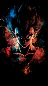 Cosmic warrior carves through splattered nebula fire