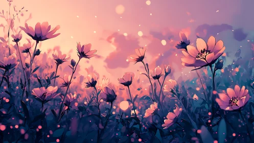 Digital painting of wildflower field with volumetric bokeh atmospheric effects