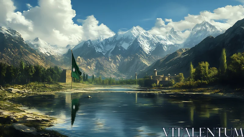 Snowpeak guardians cradle a riverside kingdom in quiet light