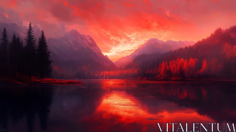 Glowing mountain lake wrapped in soft red twilight calm.