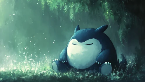 Large blue creature resting in shaded forest clearing.