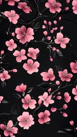 Pink Floral Pattern with Black Background and Botanical Details