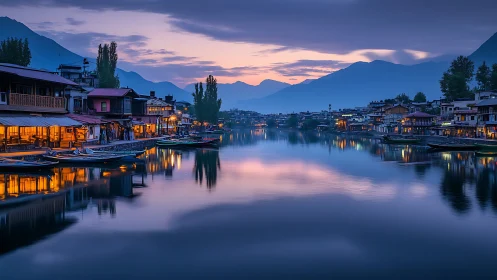 Twilight riverfront cityscape reflects warm moored houseboats