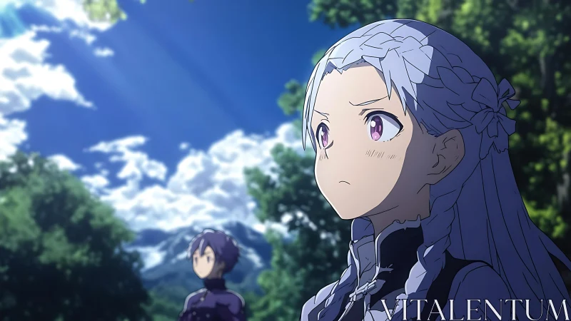 Silver haired anime girl under dramatic backlit forest sky