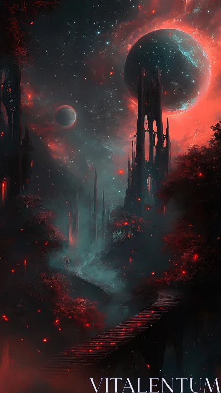 Starlit bridge to crimson forests and distant planets.