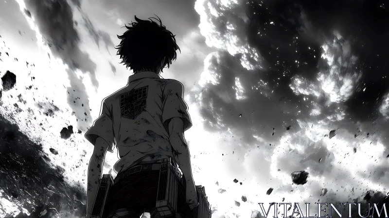 Solitary anime soldier under stormy, debris filled sky.