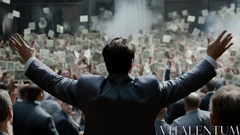 Crowd of suited individuals amid airborne currency notes.