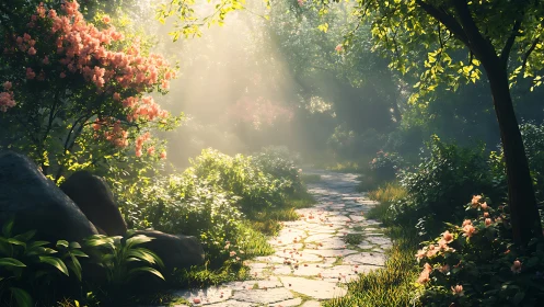 Sunlit garden path with blooming pink flowers and stone trail.