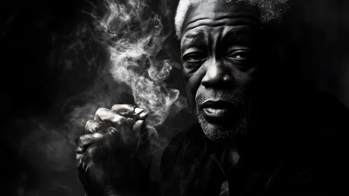 Monochrome elder portrait in dramatic sidelight and smoke.