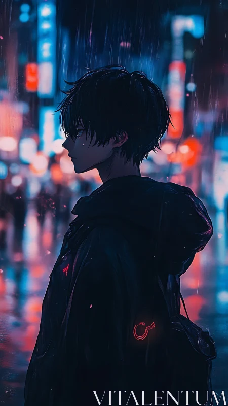Neo-noir anime profile under neon-soaked city rainscape.