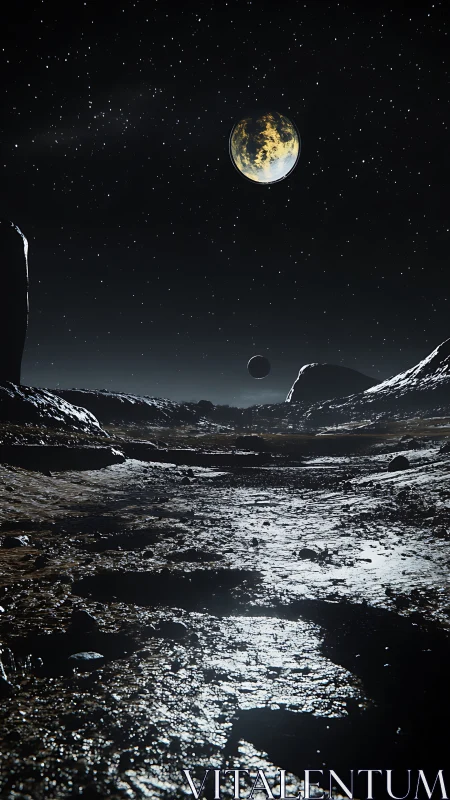 Rocky extraterrestrial landscape under distant planetlight.