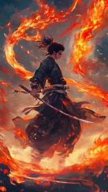 Fire-wreathed samurai warrior stands amid swirling embers
