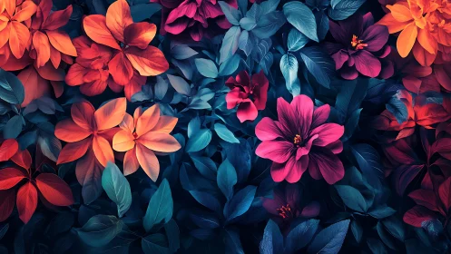 Vibrant Floral Composition with Warm and Cool Tones.