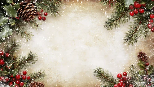 Snow-dusted Christmas greenery frames a warm winter canvas.