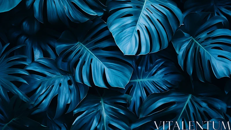 Deep teal monstera leaves glow in dramatic low light.
