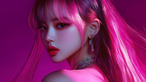 Neon-lit female portrait with glossy pink hair and jewelry.
