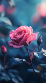 Soft pink rose glows gently against a dreamy teal garden