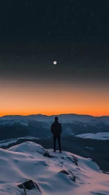 Lone figure on snowy ridge under moonlit twilight sky.