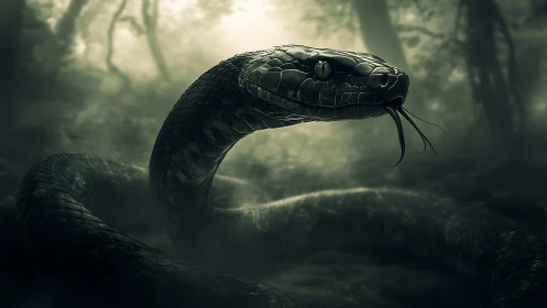 Mist‑crowned serpent sentinel in a haunted emerald jungle.