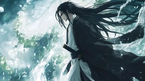 Samurai swordsman in flowing kimono amid crashing ocean spray