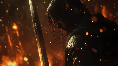 Warrior grips sword amid drifting embers in dark battlefield