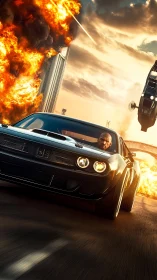 Firestorm highway chase with muscle car and blazing escape.