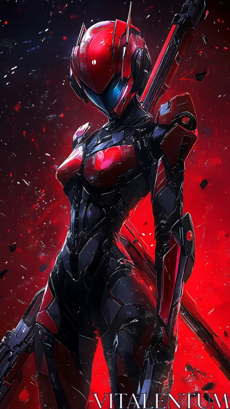 Red armored sci fi warrior in high tech combat exosuit.