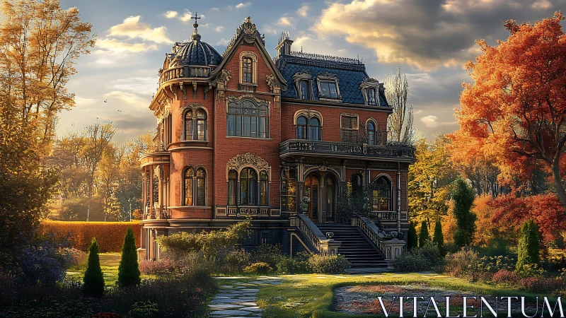 Victorian mansion glows warmly amid golden autumn gardens