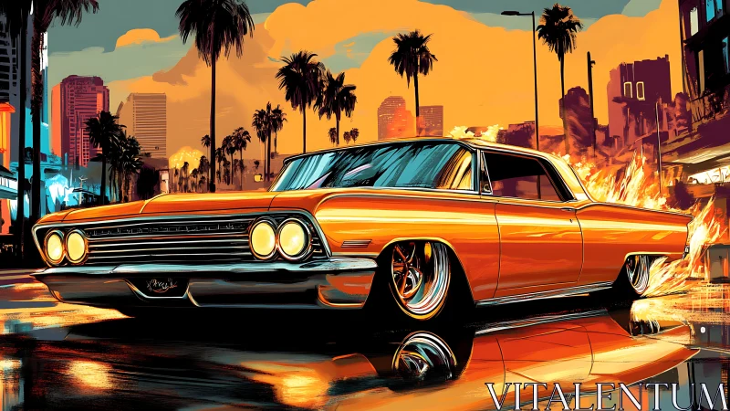 Sunset lowrider blazes through neon-soaked palm avenue.