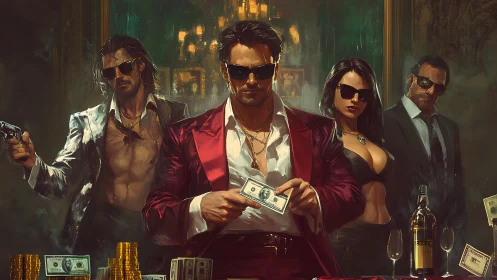 Crime boss counting cash at high-stakes casino table.