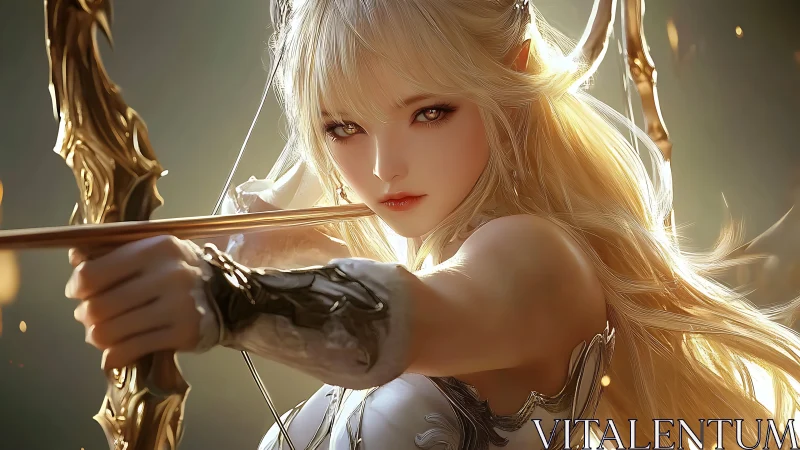 Elf archer draws ornate bow with focused golden gaze.