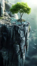 Lonely cliffside tree quietly thrives above a misty abyss