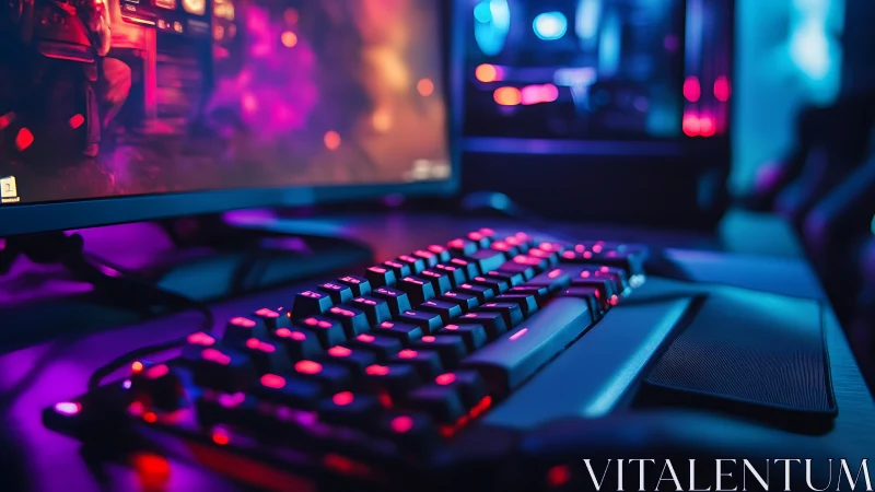 RGB gaming keyboard under neon magenta and cyan glow.