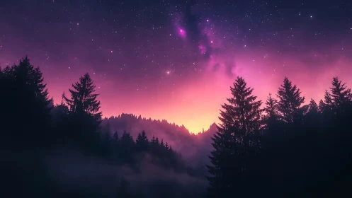 Nebula-lit conifer forest under vivid twilight sky.