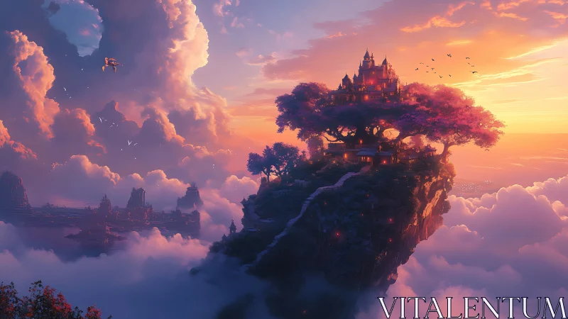 Castle on Floating Island Above Clouds at Sunset.