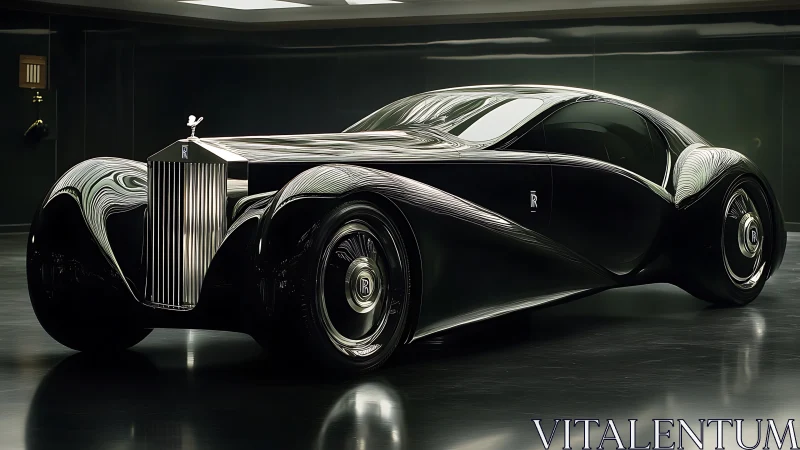 Futuristic black Rolls-Royce coupe in controlled studio lighting.