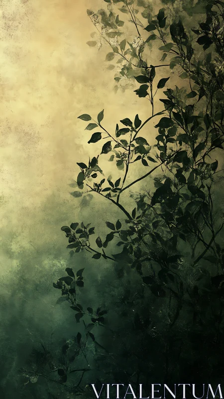 Silhouetted foliage against textured gradient background.