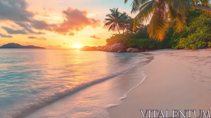 Tropical Beach Sunset with Palm Trees and Rock Formation.