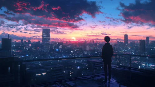 Solitary silhouette over neon-lit city at cinematic sunset.