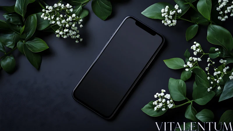Black smartphone on dark surface with green leaves and flowers.