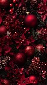 Crimson Christmas ornaments amid pinecones and foliage.