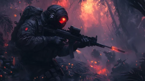 Night-ops sniper squad advancing through burning jungle.