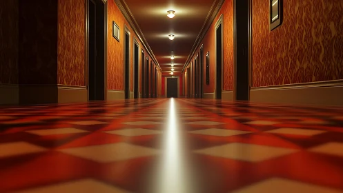 Endless red hotel corridor with glowing geometric floor.