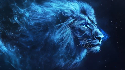 Glowing blue cosmic lion head in swirling starry space.