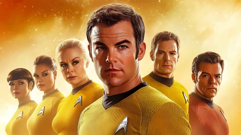 Bold starship crew poised in glowing cosmic light.