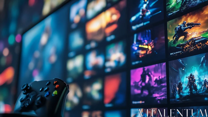 Gaming controller before colorful digital game library.