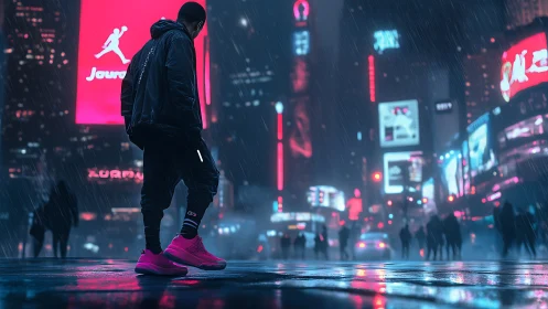 Neon rainwalker in pink sneakers owning the midnight crossroads.