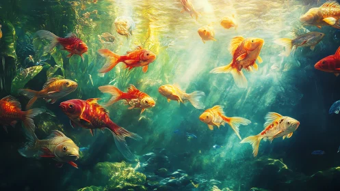 Sunlit koi school gliding through luminous waterscape.