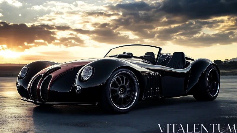 Black retro roadster parked on open tarmac at sunset.